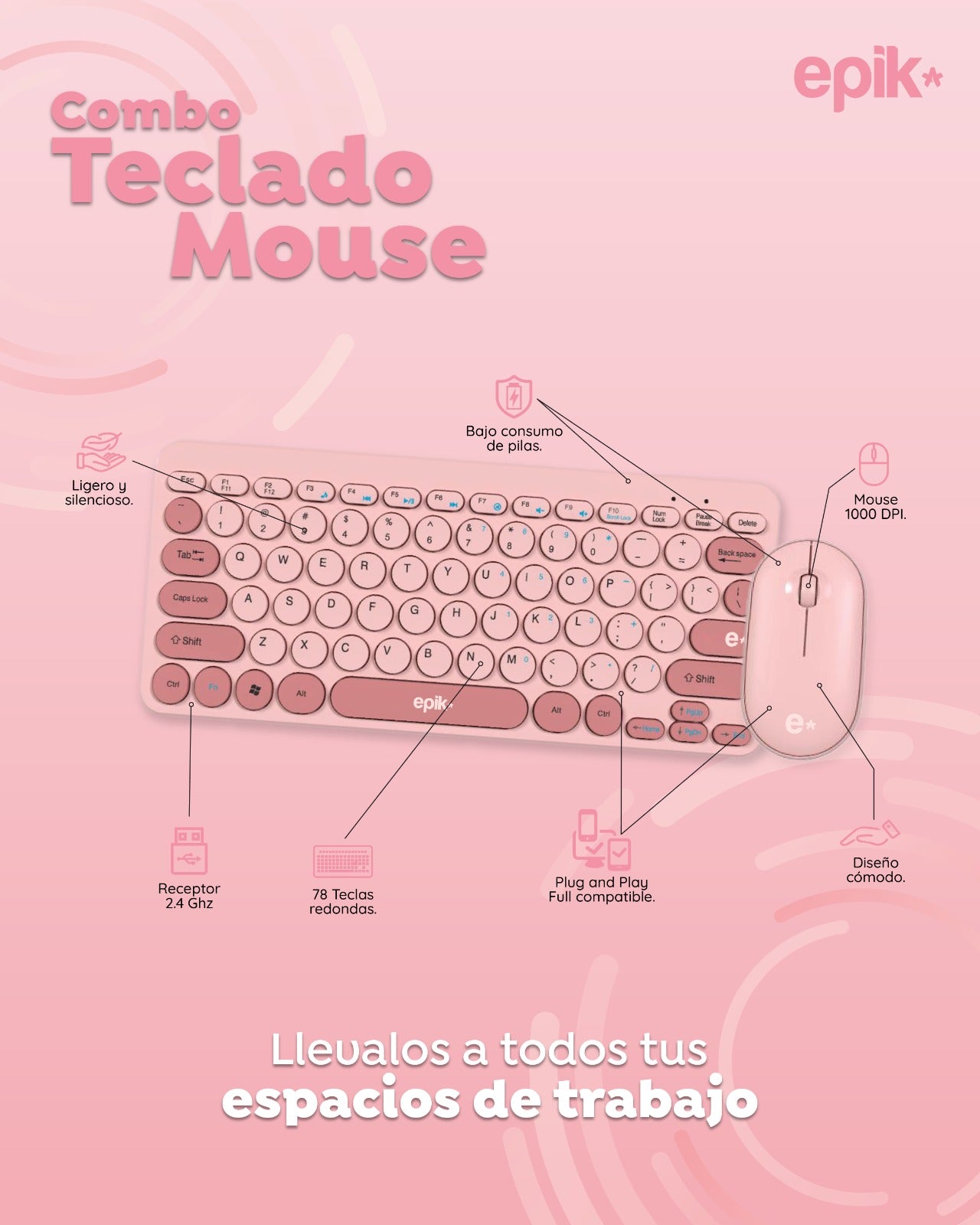 Combo Teclado inalambrico circle + Mouse epik pink